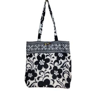 Vera Bradley Black White Floral Quilted Tote Bag Bamboo Toggle Closure